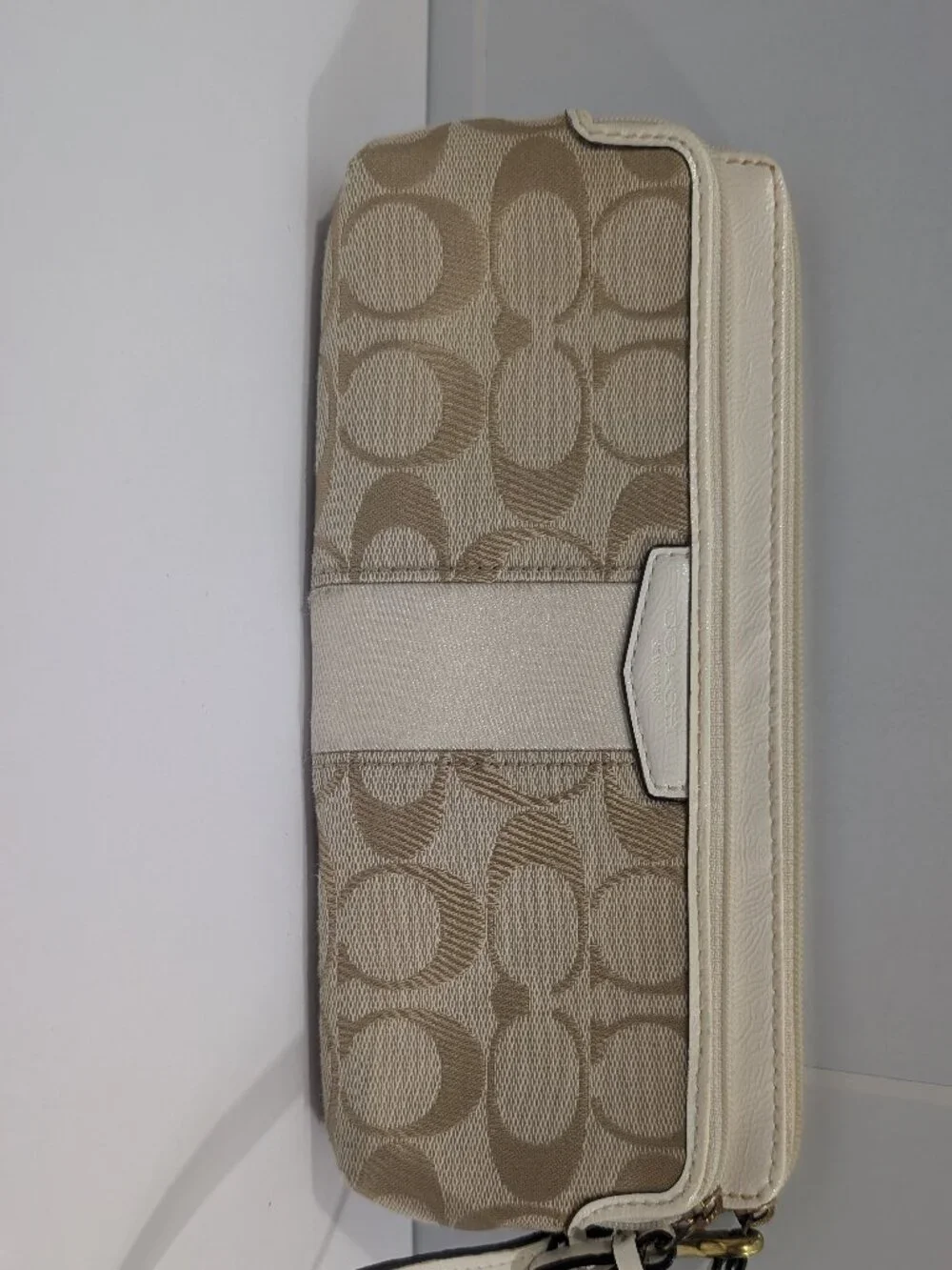 Coach Signature Canvas Double Zip Wristlet Wallet Beige White Stripe